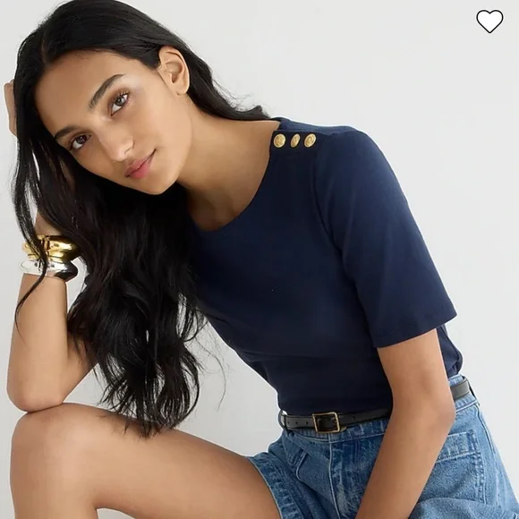 J. Crew Perfect-fit elbow-sleeve T-shirt with buttons, navy, size M - Picture 3 of 5